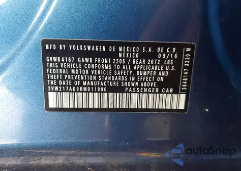 2017 Volkswagen Golf S z USA, uszkodzony, nr VIN 3VW217AU9HM011990